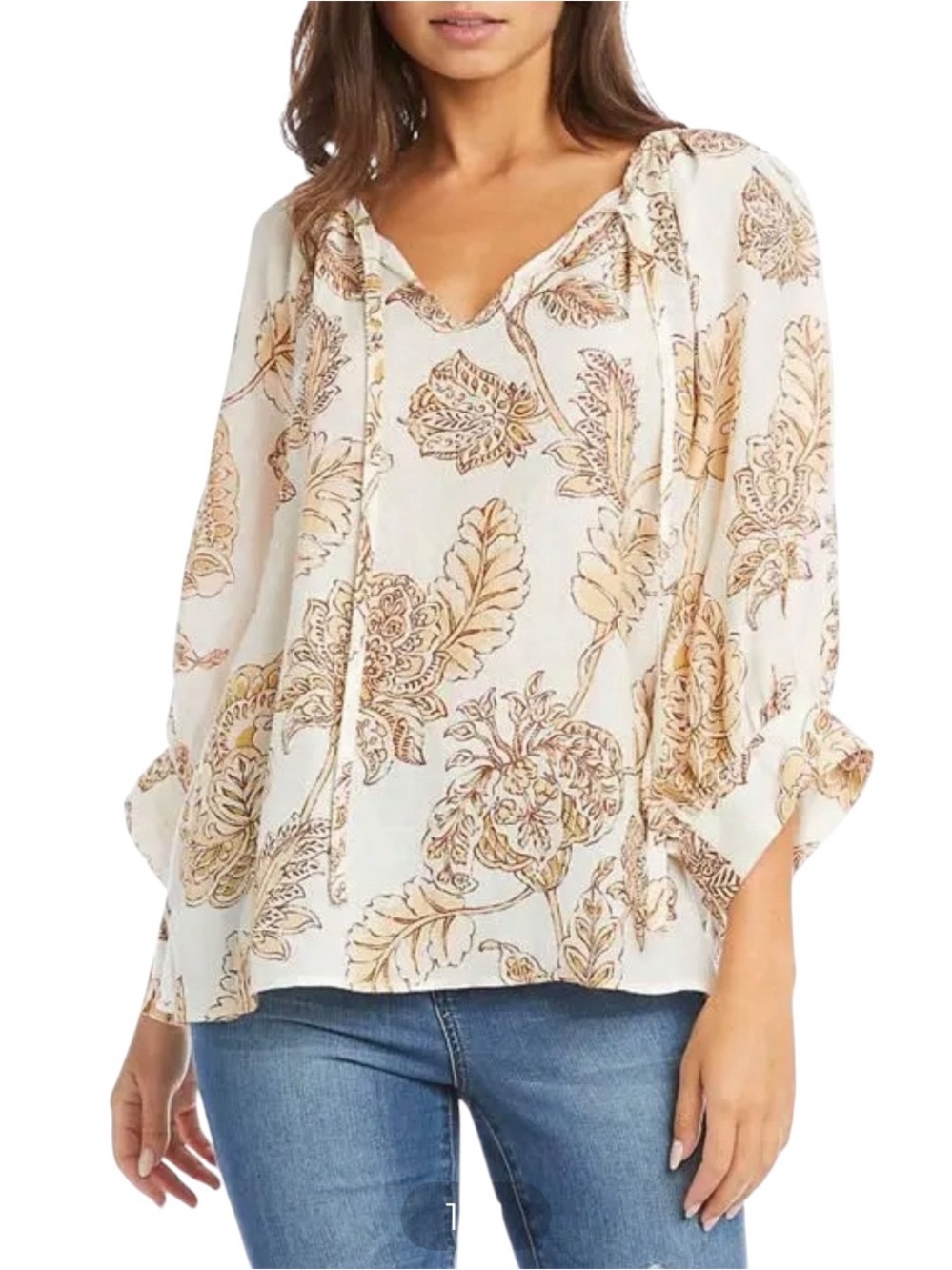 Karen Kane Cream Floral Tie-Neck Blouse